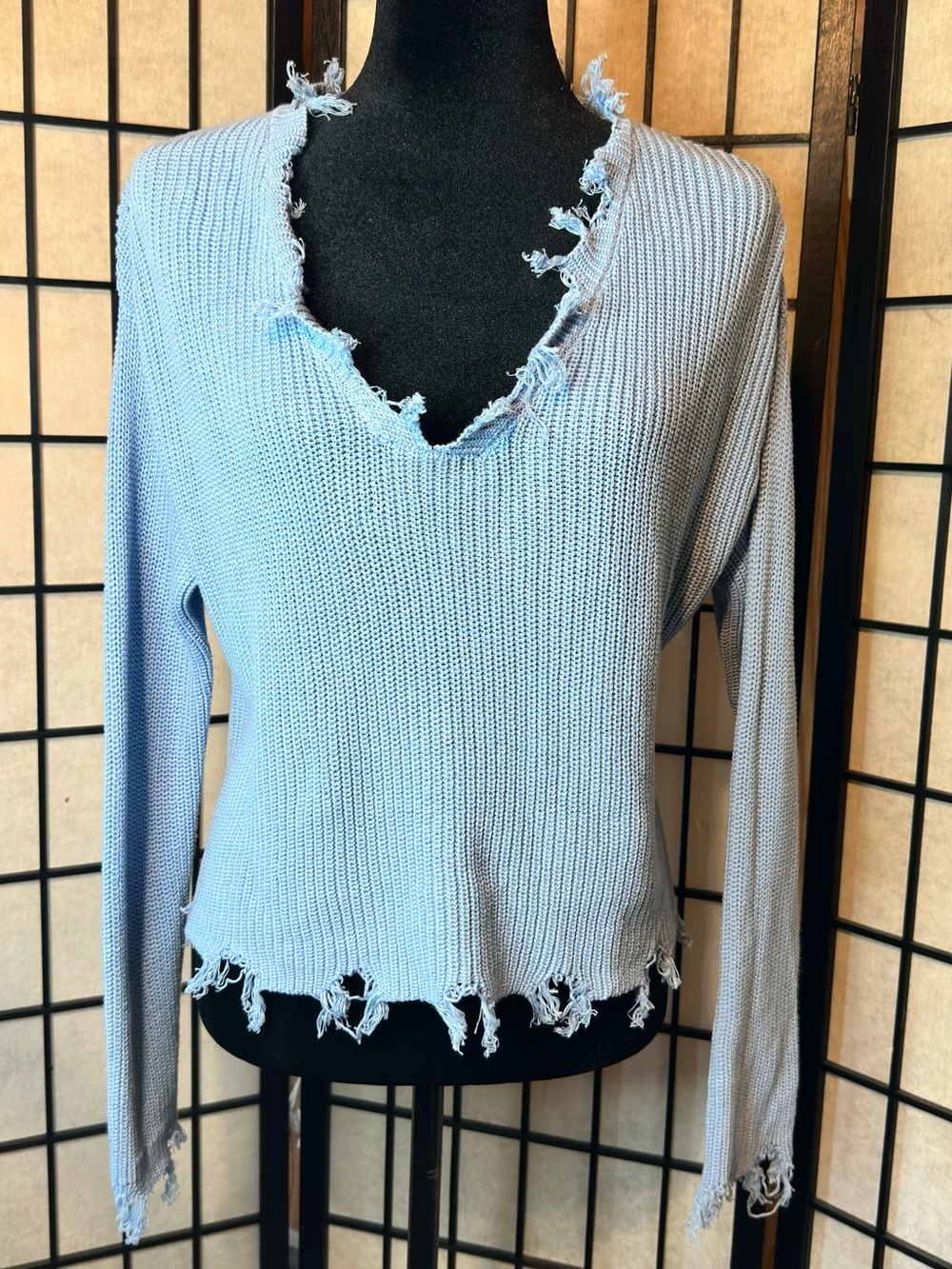 Distressed Knit V-Neck Sweater